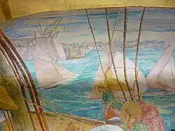 closeup view of section of mural showing Southern end of Harbour Bridge under construction