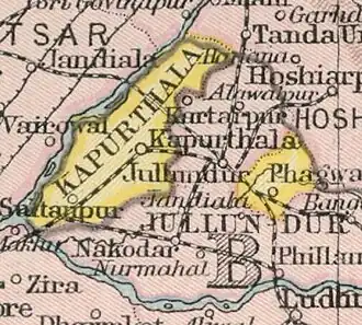 Detail of Kapurthala State, from a map of Punjab, Delhi, and the Punjab States of British India, published in the 'Imperial Gazetteer of India' (Vol. XXVI, Atlas; 1931 revised edition; plate no. 34)