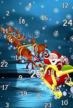 An Advent calendar featuring Santa Claus riding his sleigh