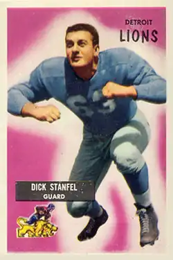 American football player Dick Stanfel on a 1955 Bowman football trading card.