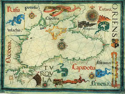 Wallachia, as shown on a wider map of the Black Sea (mid 16th century)