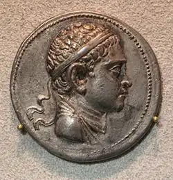 Tetradrachm of king Euthydemus II with obverse showing the young king wearing a royal diadem.