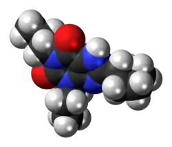 Space-filling model of the dipropylcyclopentylxanthine molecule