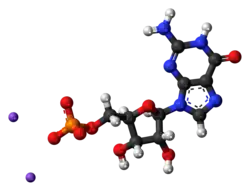 Ball-and-stick model of the component ions of disodium guanylate