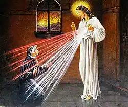 Painting representing Saint Faustina Kowalska's vision of the rays coming from the heart of the Merciful Jesus