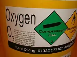 The white adhesive plastic label displays the gas name, Oxygen, and the chemical symbol O2 with a block of small text on the left side describing the hazards of the contents, then a green diamond symbol for compressed gas and a yellow diamond for oxidising agent.