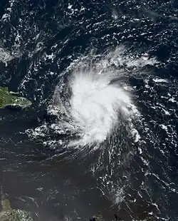 Satellite image of Hurricane Dorian passing by Puerto Rico and over the Virgin Islands on August 28