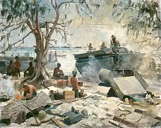 tracked landing vehicle on right, tree on left, in center and right are shirtless soldiers waiting around, ships are in the background.