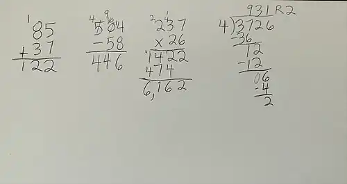 Illustration of Traditional Standard Algorithms - Addition, Subtraction, Multiplication, Division