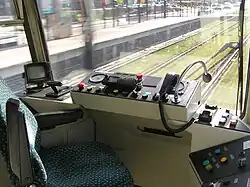 Driver's cab of T-68 tram.