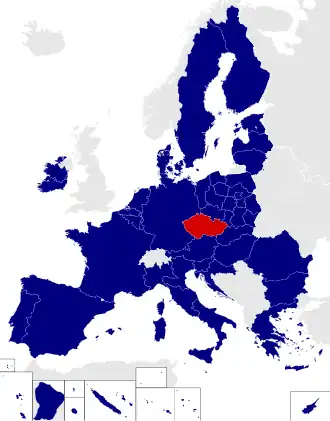 Map of the European Parliament constituencies with Czech Republic highlighted in red