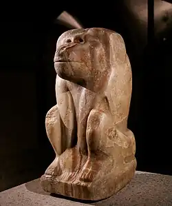 Alabaster statue of a baboon divinity with the name of Narmer inscribed on its base, on display at the Egyptian Museum of Berlin