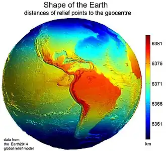 Image 71Earth's western hemisphere showing topography relative to Earth's center instead of to mean sea level, as in common topographic maps (from Earth)