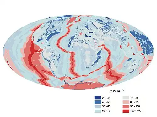 Image 52A map of heat flow from Earth's interior to the surface of Earth's crust, mostly along the oceanic ridges (from Earth)