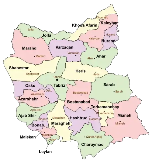 Location of Jolfa County in East Azerbaijan province (top left, green)