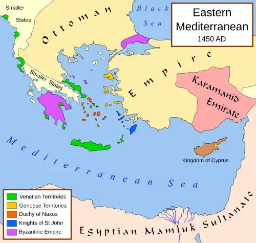 A map centred on Greece and Turkey in 1450 AD. The Byzantine Empire holds only Southern Greece and northwestern Turkey