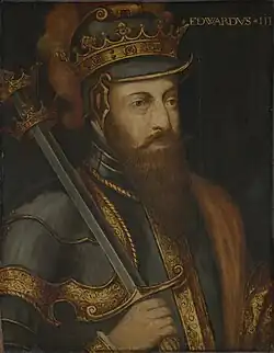 A head and shoulders painting of Edward III, in armour and bearing a sword