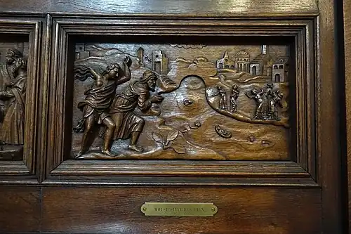 Detail of 16th c. carving from Abbey of Saint Vaast; "Moses parts the waters"