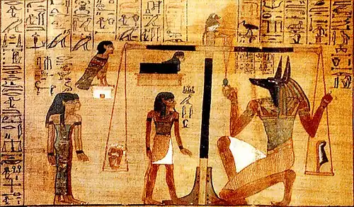 The Papyrus of Ani is a version of the Book of the Dead for the Scribe Ani. This vignette (the small scene that illustrates the text) is about not letting Ani's heart create opposition against him in god's domain.[9]