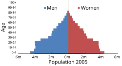 Pyramid graph, divided by age and gender