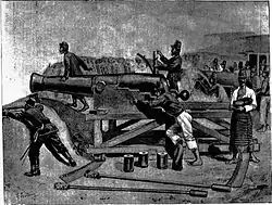 Drawing showing two cannons in battery on a rampart, manned by Paraguayan soldiers