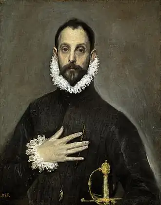 Portrait of a bearded man in black clothing with a white ruff collar, his right hand placed over his chest