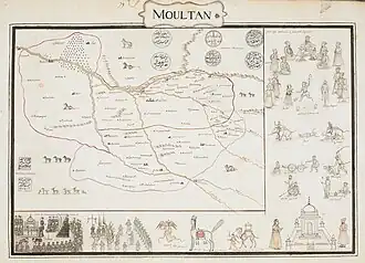 Elaborately illustrated map of the Multan Subah of the Mughal Empire, commissioned by Jean Baptiste Joseph Gentil, ca.1770