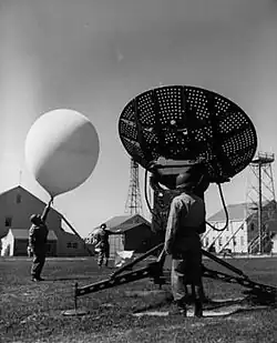 Three researchers conduct a test with a radar dish and a large balloon.