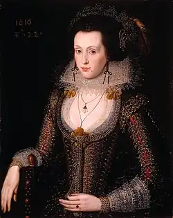 English noblewoman Elizabeth Poulett wearing a piccadill, painted by Robert Peake the Elder in 1616