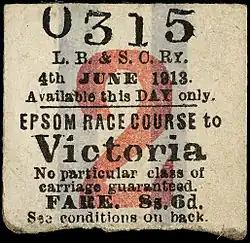 Second class return part of the ticket, for Epsom to Victoria, number 0315, dated 4 June 1913