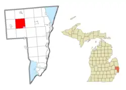 Location within St. Clair County (red) and the administered village of Emmett (pink)