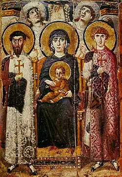 The oldest Byzantine icon of Mary, c. 600, encaustic, at Saint Catherine's Monastery retains much of Greek realist style.