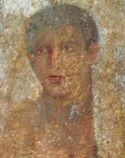 A Hellenistic Greek encaustic painting on marble depicting the portrait of a young man named Theodoros on a tombstone, dated 1st century BC during the period of Roman Greece, Archaeological Museum of Thebes