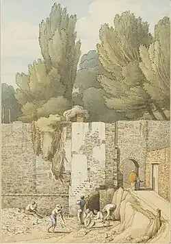 Entrance to the grounds of the Bishop's Palace, Exeter behind the first house in Southernhay, pen and ink on paper, 1814