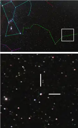 The upper photograph shows a region of many point-like stars with coloured lines marking the constellations. The lower image shows several stars and two white lines.