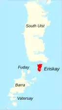 A map showing Eriskay south of South Uist and north of Barra