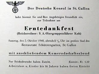 Thanksgiving 1940 evening invite by German consul in St. Gallen