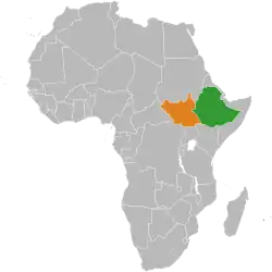 Map indicating locations of Ethiopia and South Sudan