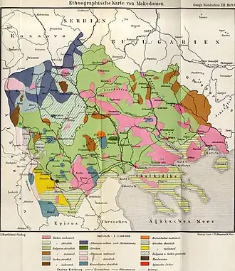 Distribution of ethnic groups in Macedonia in 1892 (Deutsche Rundschau für Geographie und Statistik – German Bevieiofor Geography and Statistics)