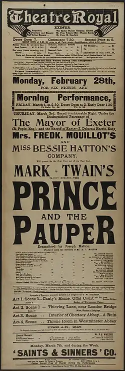 Tall white playbill with black lettering, advertising a performance of The Prince and the Pauper at the Theatre Royal in Exeter on 28 February 1898