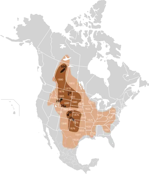 Map of the extermination of the bison to 1889. This map based on William Temple Hornaday's late-19th century research.   Original range   Range as of 1870   Range as of 1889