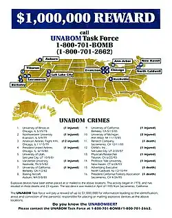 FBI poster offering a $1 million reward for information leading to the Unabomber's capture