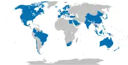 Global map showing about 50 countries filled in blue because of their inclusion in the index. While North America and most of West Europe is fully covered, Asia and South America are only partially covered, Africa is except for Egypt and South Africa not part of the index.