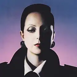 A photo of Palladino weaing makeup, airbrushed and manipulated to make it look like it's from the 1980s