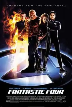 The Four; Mr. Fantastic, The Thing, The Invisible Woman and The Human Torch are standing with their uniforms on the circled number "4" below them, and the film's title, credits and release date underneath them.