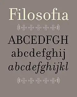 Simple specimen of Filosofia showing the word "Filosofia," some roman capitals and lowercase letters, and italic lowercase letters set in Filosofia.