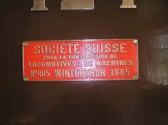 Builder's Plate 2-6-0 Swiss Locomotive and Machine Works Societe Suisse Locomotive No 405 from 1885 at the Finnish Railway Museum