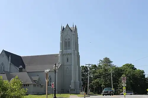 An example of Gothic Revival architecture, the First Parish United Church of Christ at 207 Maine Street in Brunswick (founded 1845), was added in 1969 to the National Register of Historic Places.