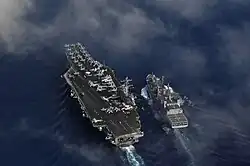 The Nimitz-class aircraft carrier USS Carl Vinson and the Indian Navy replenishment oiler INS Shakti conduct a refueling-at-sea exercise