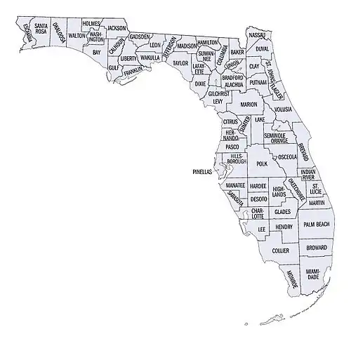 A map of Florida's counties with counties labeled. Florida is shaped liked an "L" rotated 180 degrees. Many of the county borders follow the winding courses of river, some are straight.
